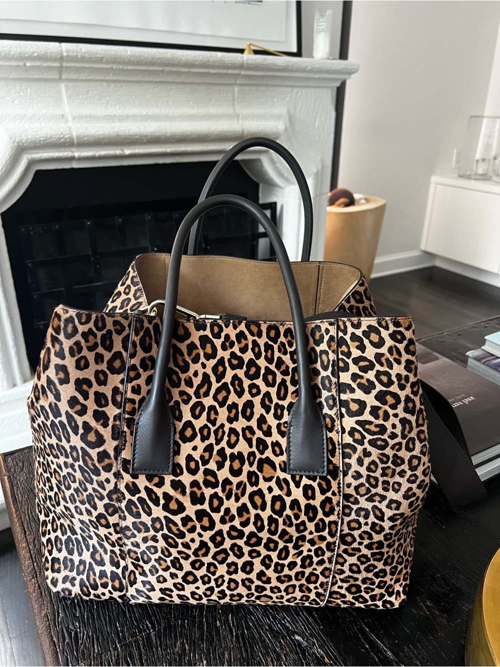 Aerin Leopard Print Pony Hair Tote Weekender Bag with Black Handles, Wide Strap